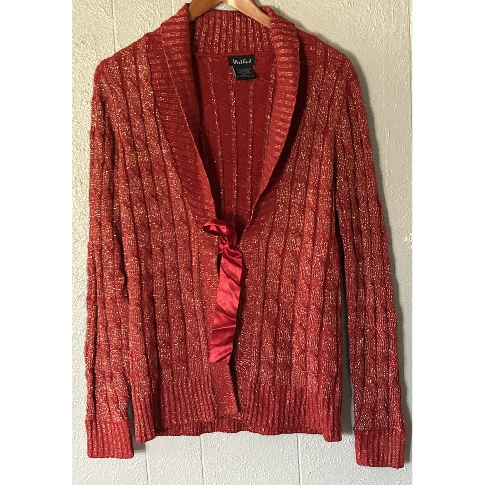 West End Tie Front Cardigan Size M Red Metallic Cable Knit Holiday Casual